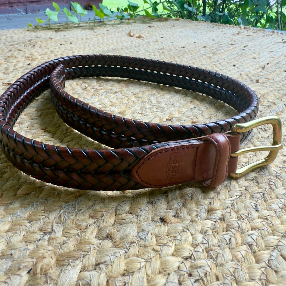 Fossil Mens Braided Woven Leather Belt Brown Brass Buckle Sz 34 Preppy Academia